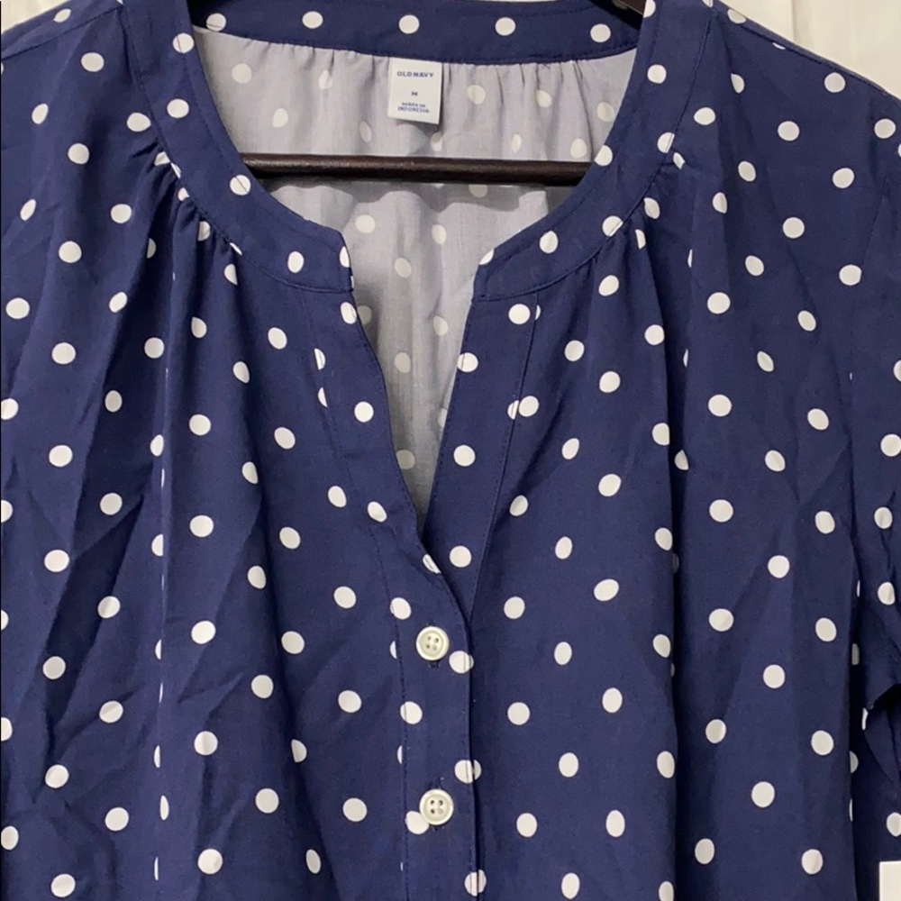 Navy w/ Dots Half Button Notch Neck LS Blouse